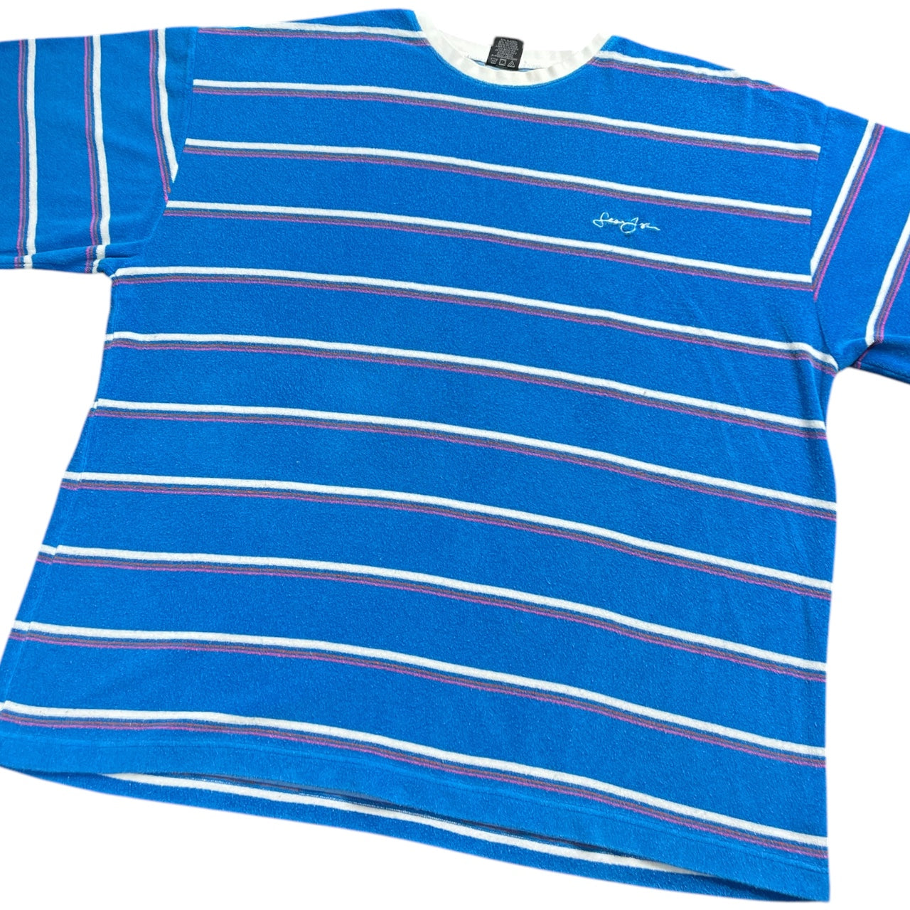 Vintage Y2K Sean John Blue Striped Towel Terry Cloth Baggy Crewneck T-Shirt Embroidered Men’s 3XL