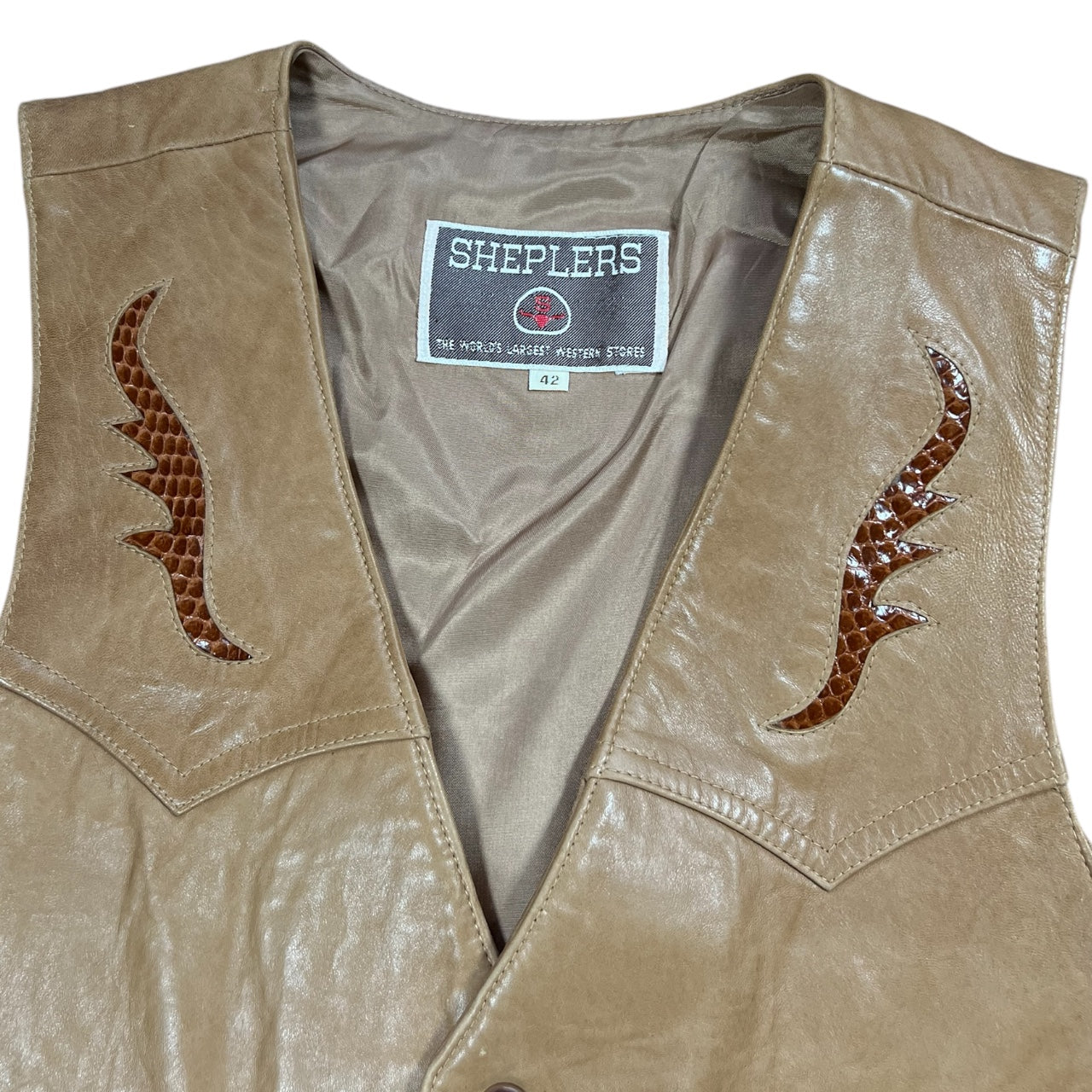 Vintage Sheplers Pardners Western Cowboy Tan Leather Vest Brown Croc Detailing Men’s 42