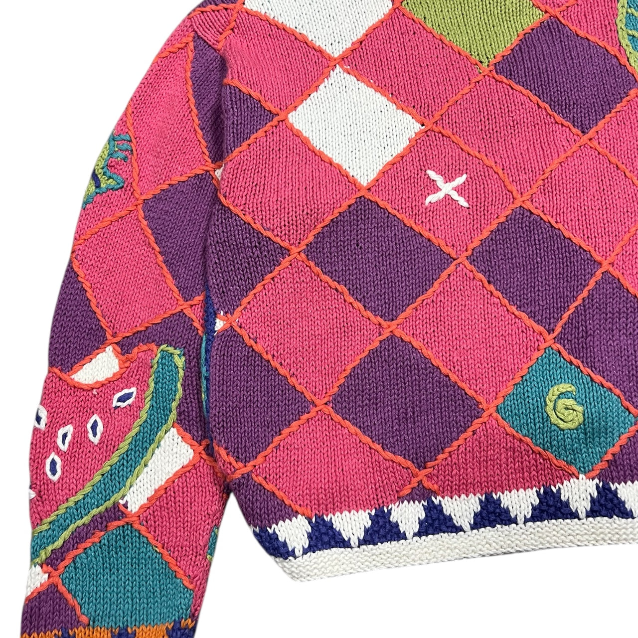 90s Sigrid Olsen Tropical Knit Cardigan Fruit Fish Palm Tree Women’s Med