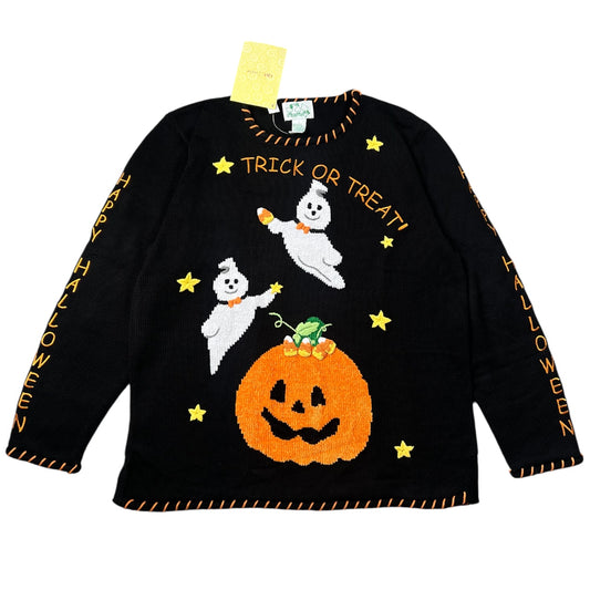 NWT Vintage The Quacker Factory Halloween Ugly Sweater Trick or Treat Ghosts Pumpkin Sequin Women’s Large