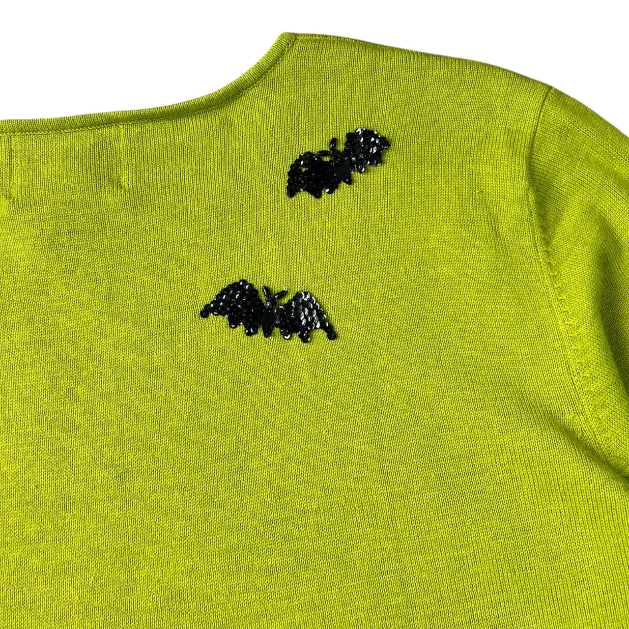 NWT Vintage Quacker Factory Lime Green Ugly Halloween Sweater Black Cat Graveyard Glitter Sequin Women’s Large