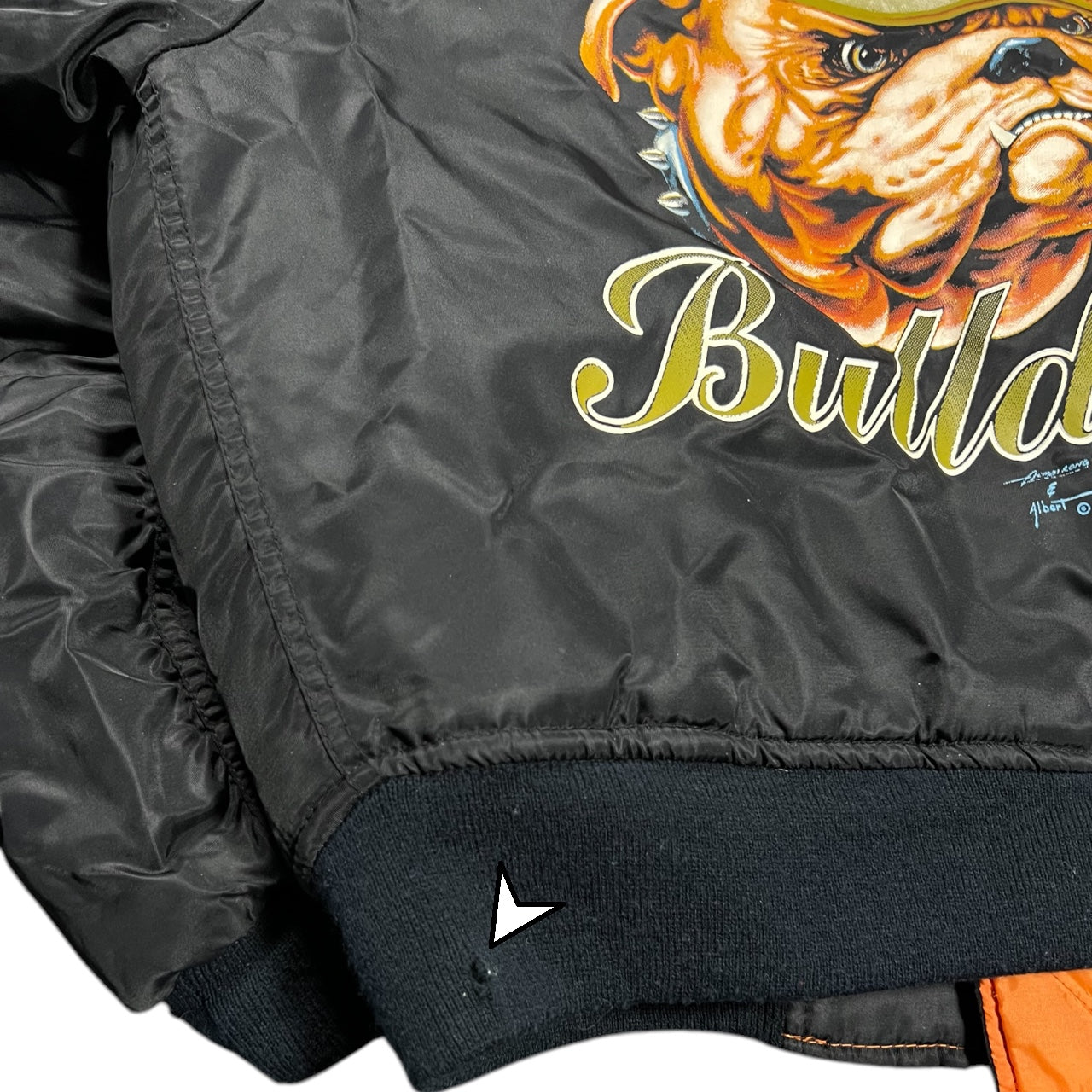 Vintage 1989 Marine Bulldogs Black Insulated Bomber Flight Jacket Reversible Graphic Print Mens Medium