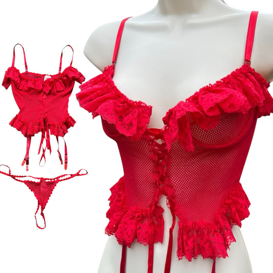 Vintage Shirley of Hollywood Cherry Red Mesh Lace Up Corset Bustier Pantie Set Ribbon Lace Women’s Large Garter Clips