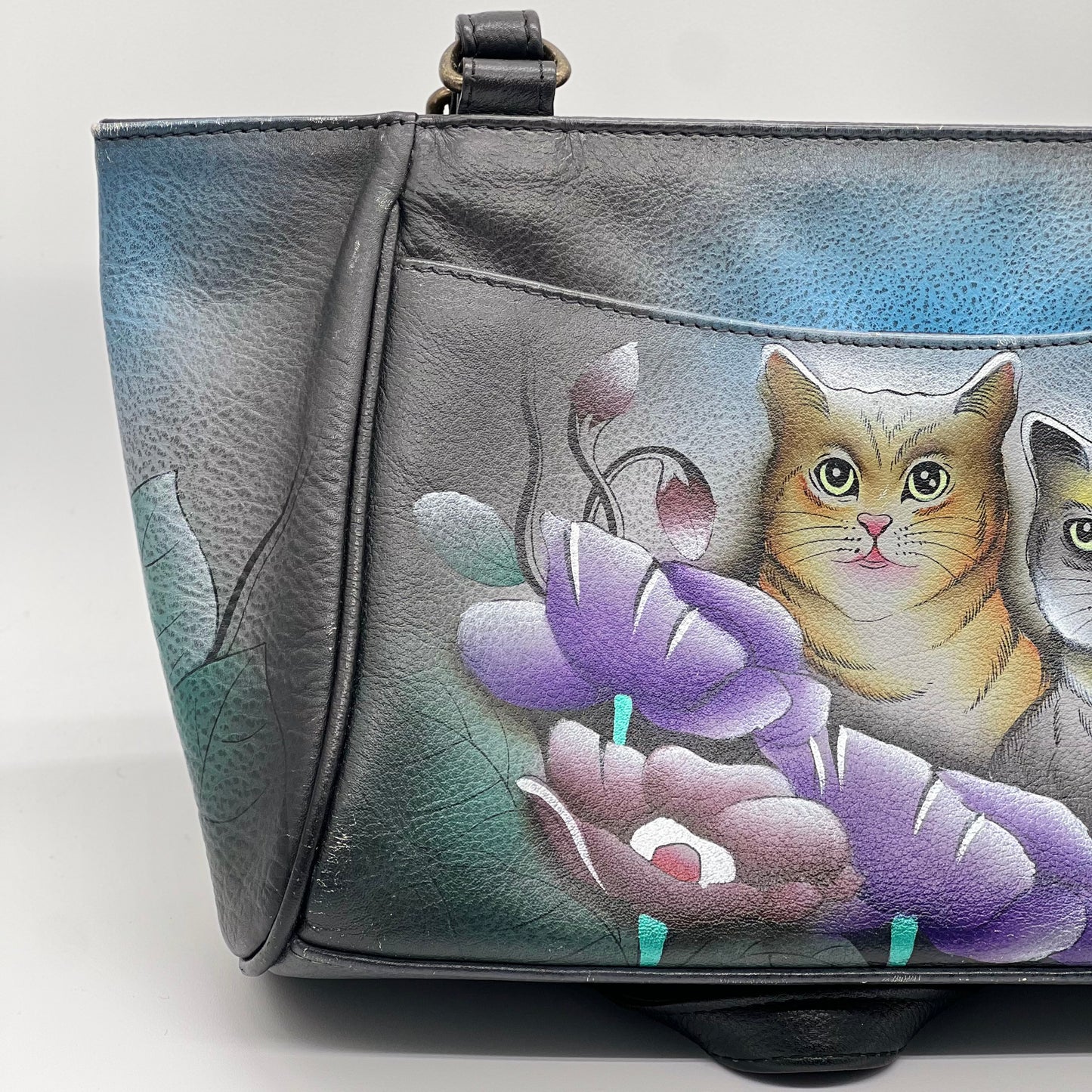 Anna by Anuschka Hand Painted Floral Cat Pebbled Leather Shoulder Tote