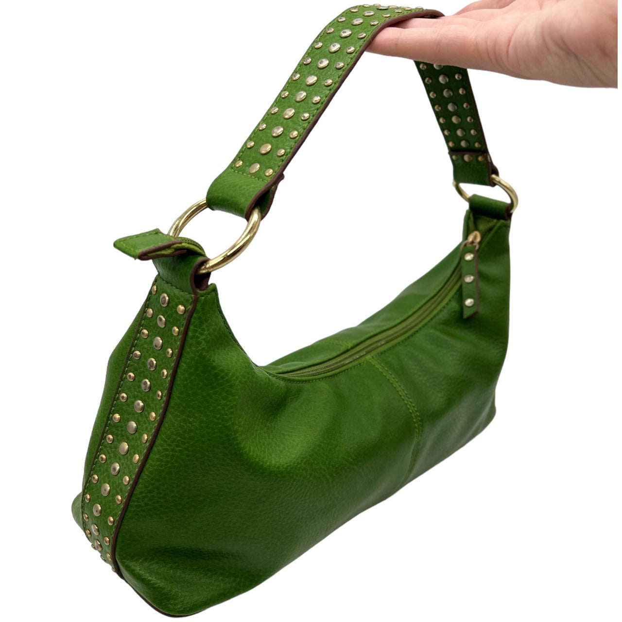 Vintage 90s Y2K Bisou Bisou Michelle Bohbot Lime Green Leather Studded Shoulder Bag