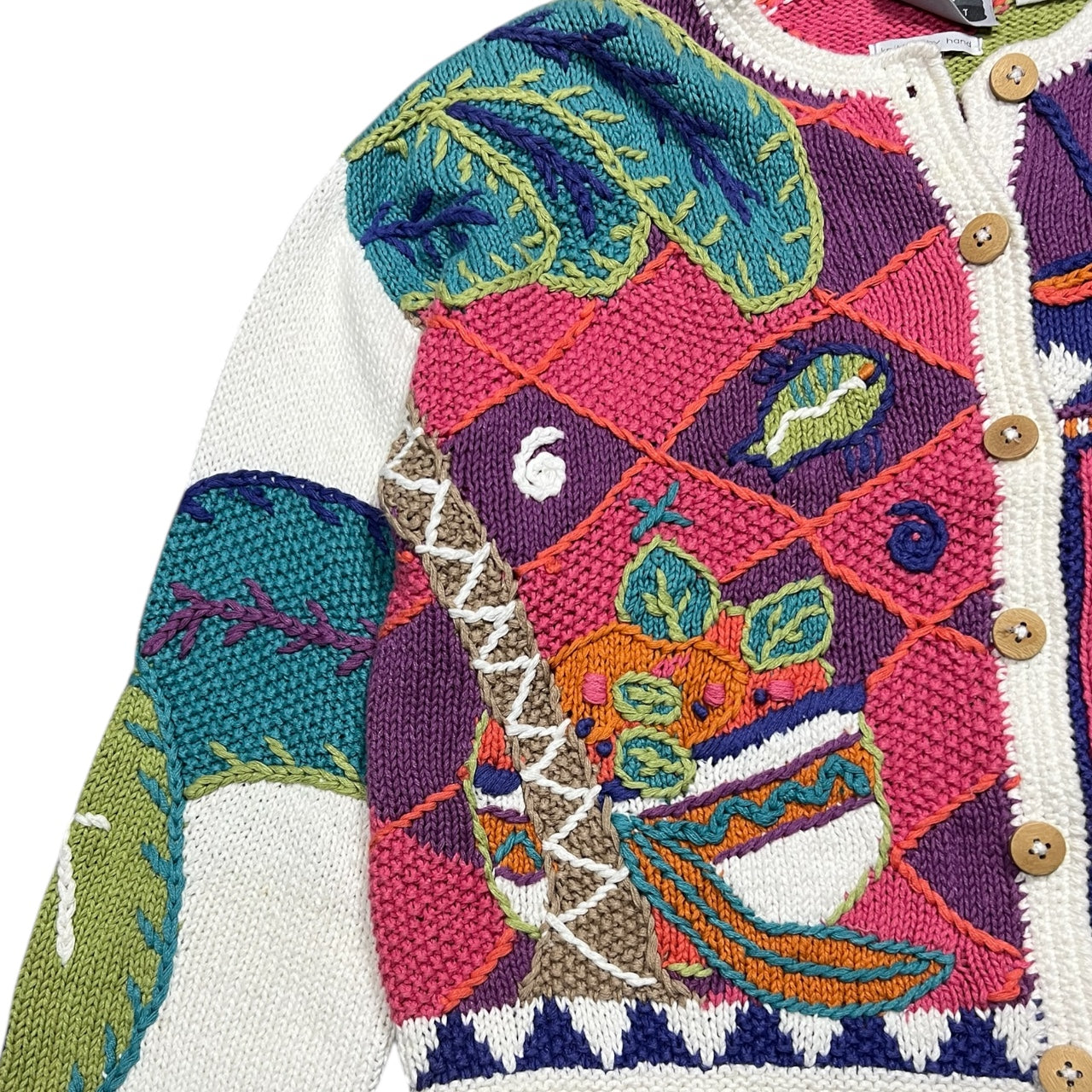 90s Sigrid Olsen Tropical Knit Cardigan Fruit Fish Palm Tree Women’s Med