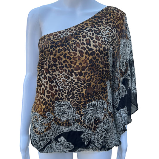 Y2K Caché Silk Chiffon Cold Shoulder Blouse Beaded Leopard Print Paisley Women’s Med