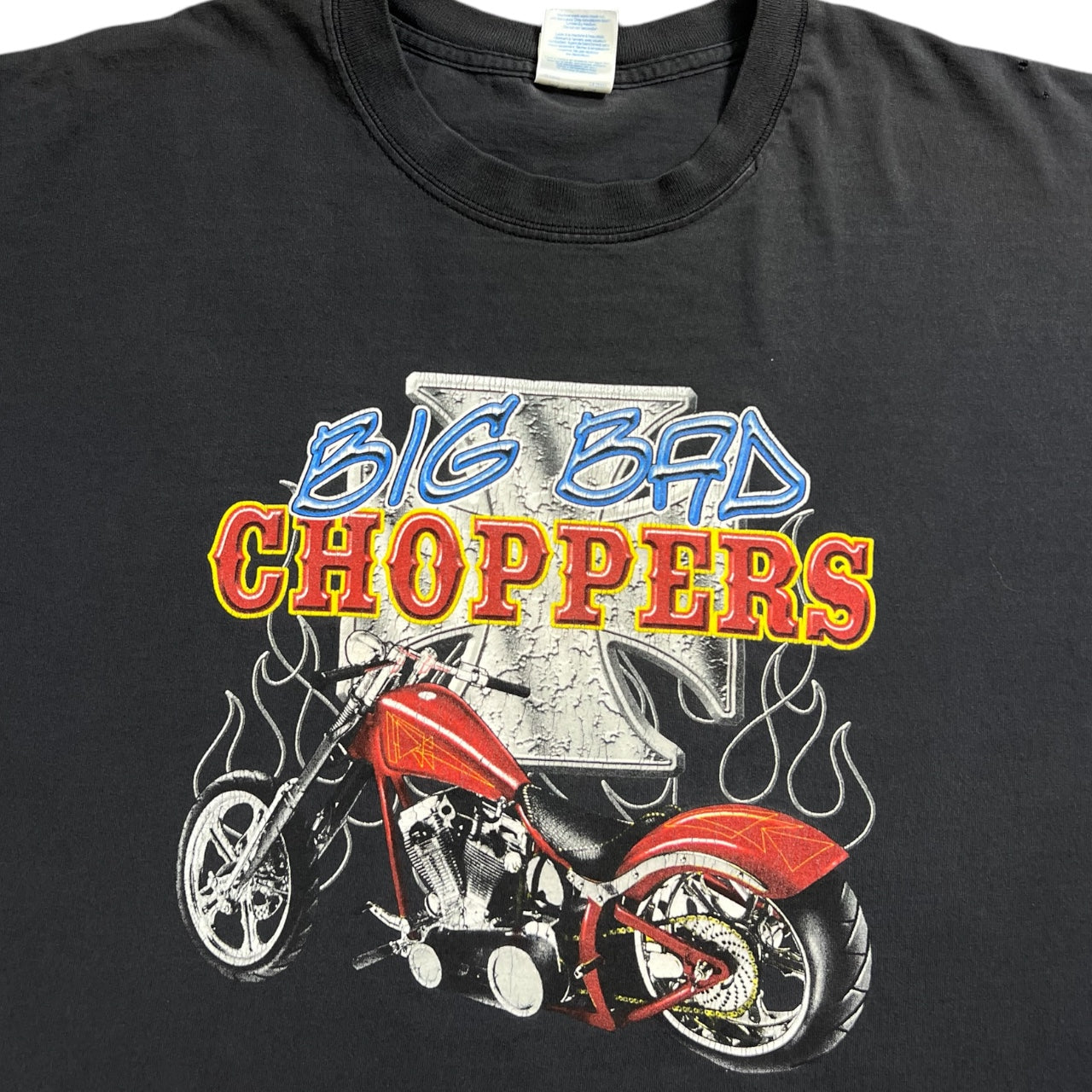 Vintage Y2K Big Bad Choppers Biker Motorcycle Black Crewneck Graphic Tee Distressed Men’s 2XL