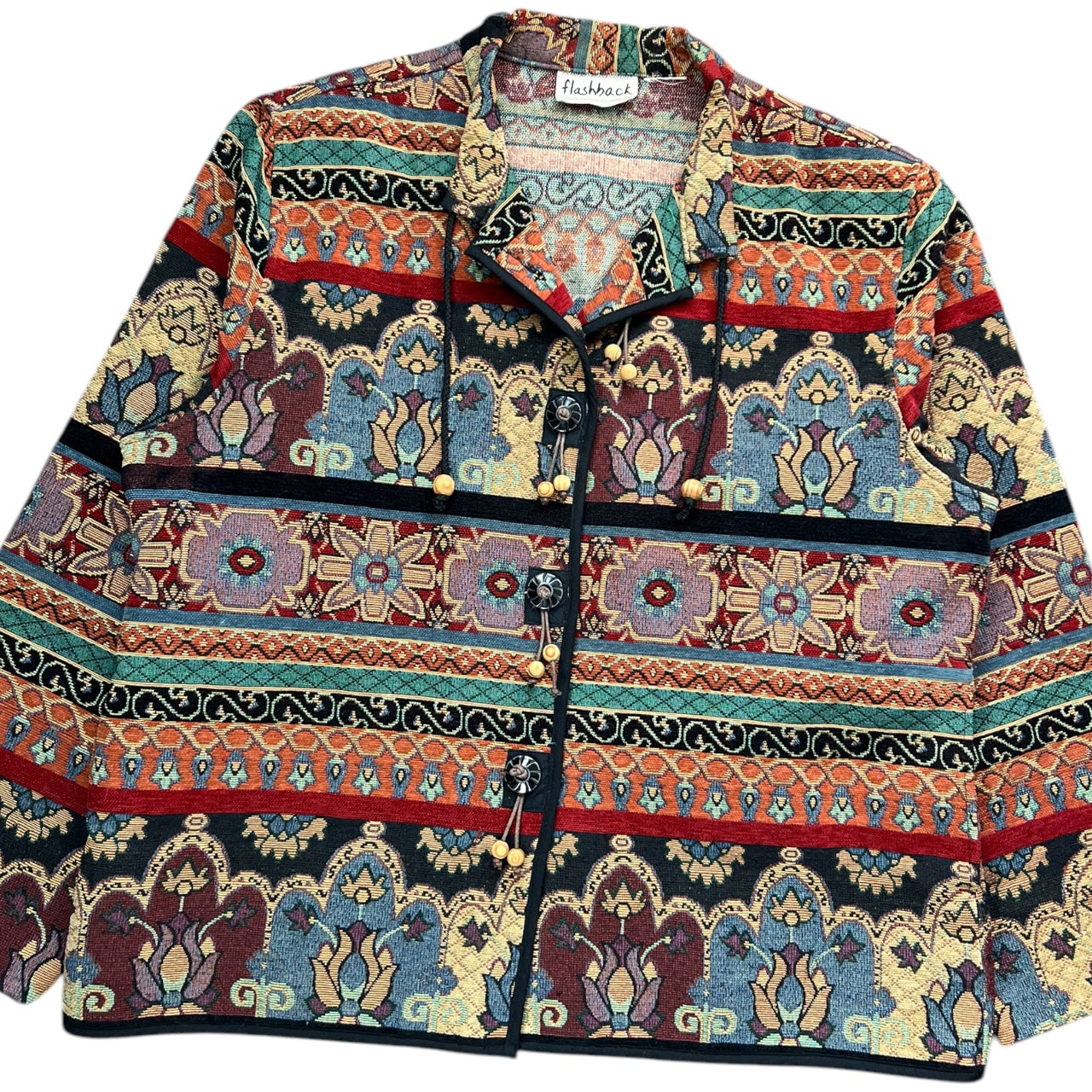 Vintage 90s Flashback Floral Boho Tapestry Jacket Beaded Wood Buttons Women’s 2XL