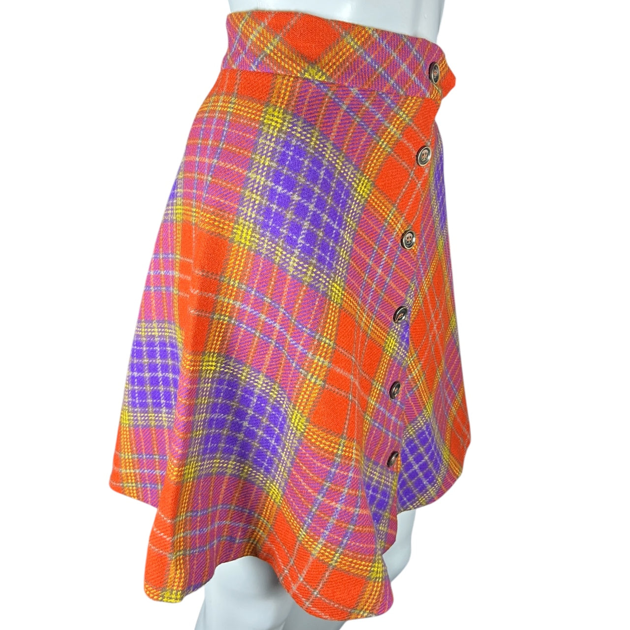 Vintage 60s 70s High Waisted Plaid Wool Skirt Button Down A-Line Retro Style Womens XS/S