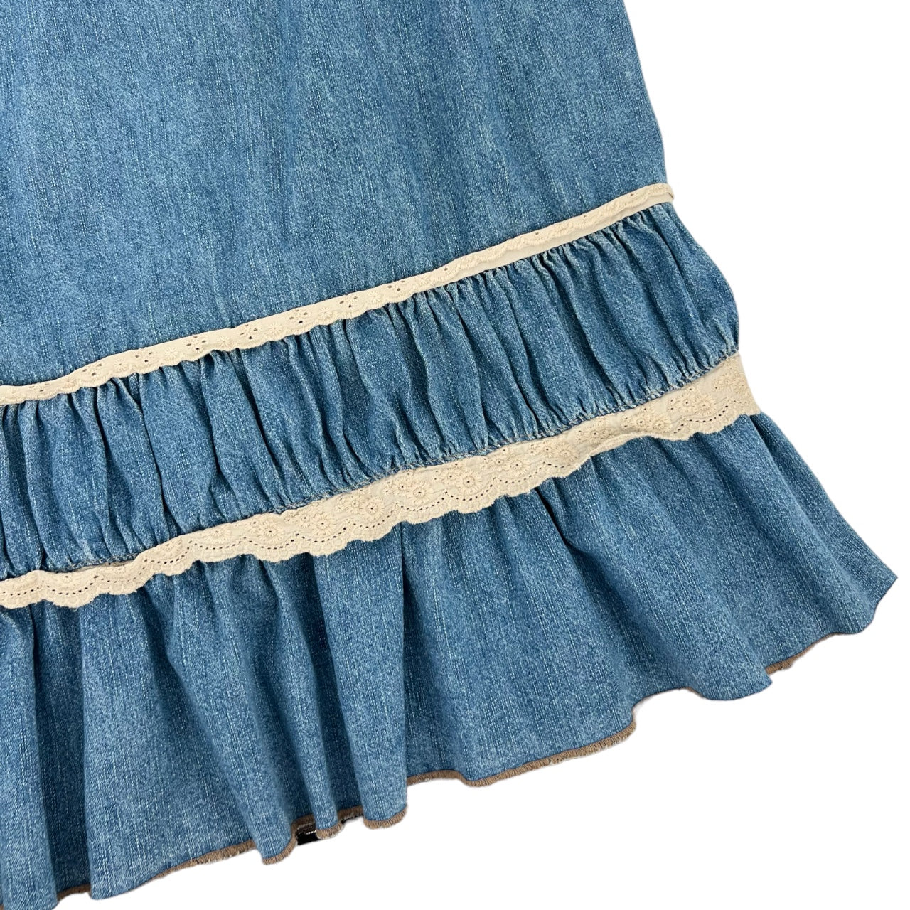 Vintage 90s French Kuff Denim Prairie Maxi Skirt Cotton Lace Ruched Detail Women’s 16