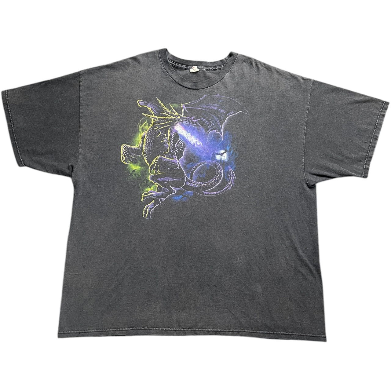 Vintage Y2K Purple Fire Breathing Dragon Medieval Fantasy Black Graphic Tee Mens 3XL