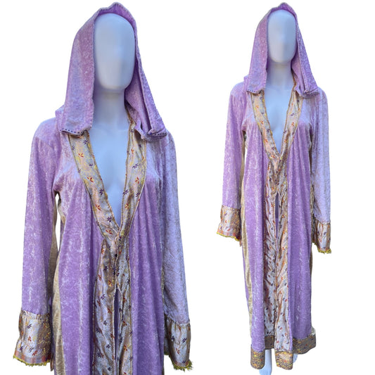 Vintage Handmade Lavender Crushed Velvet Velour Hooded Robe Beaded Fringe Medieval Renn Faire One Size
