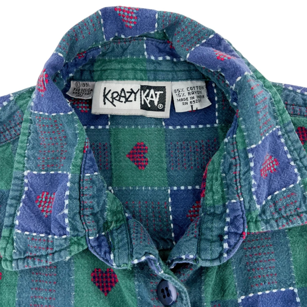 Vintage 90s Krazy Kat Green Patchwork Heart Plaid Flannel Womens Large