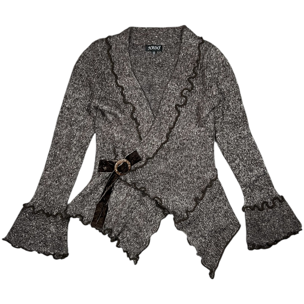 90s Y2K Nado Brown Asymmetrical Cardigan Velvet Belt Women’s Small Acrylic Wool Blend