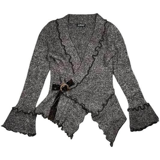 90s Y2K Nado Brown Asymmetrical Cardigan Velvet Belt Women’s Small Acrylic Wool Blend
