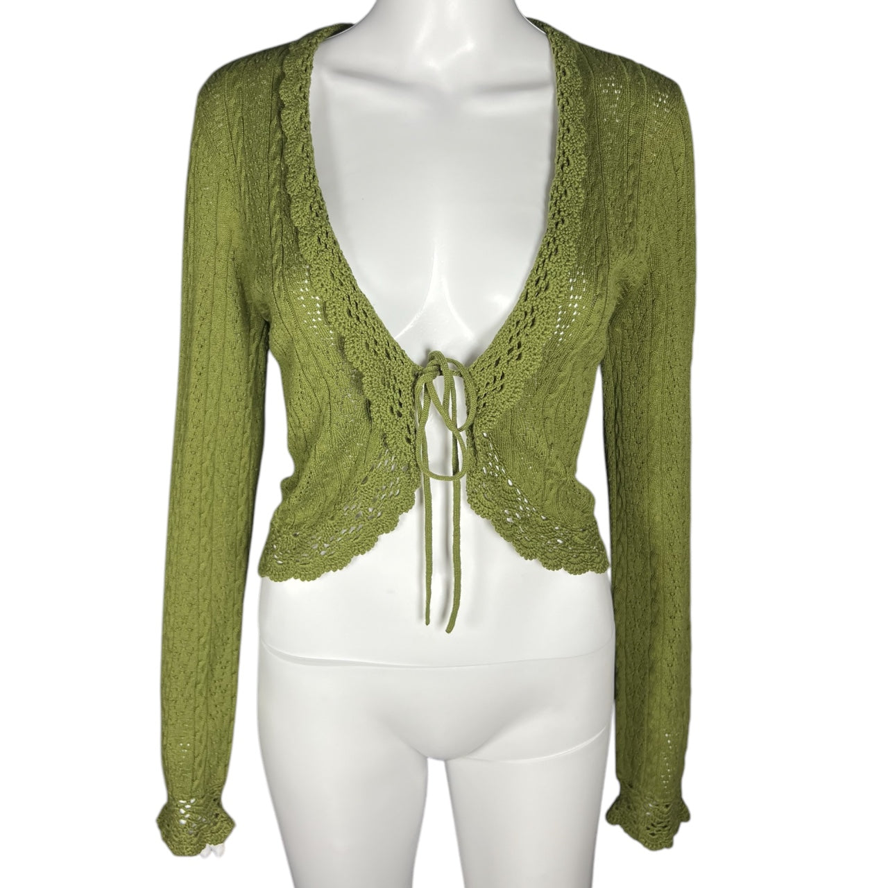 Vintage 90s Y2K Tribal Olive Green Longsleeve Crochet Cableknit Cardigan Acrylic Blend Women’s Large Deadstock NWT