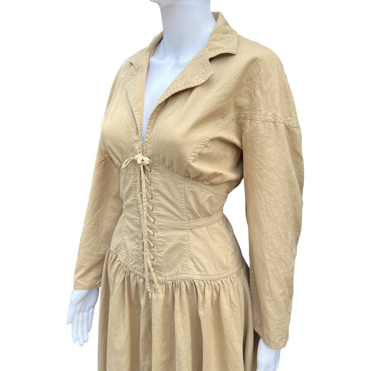 90s Fred Charles Tan Lace Up Corset Midi Dress Notch Collar Women’s 7 100% Cotton