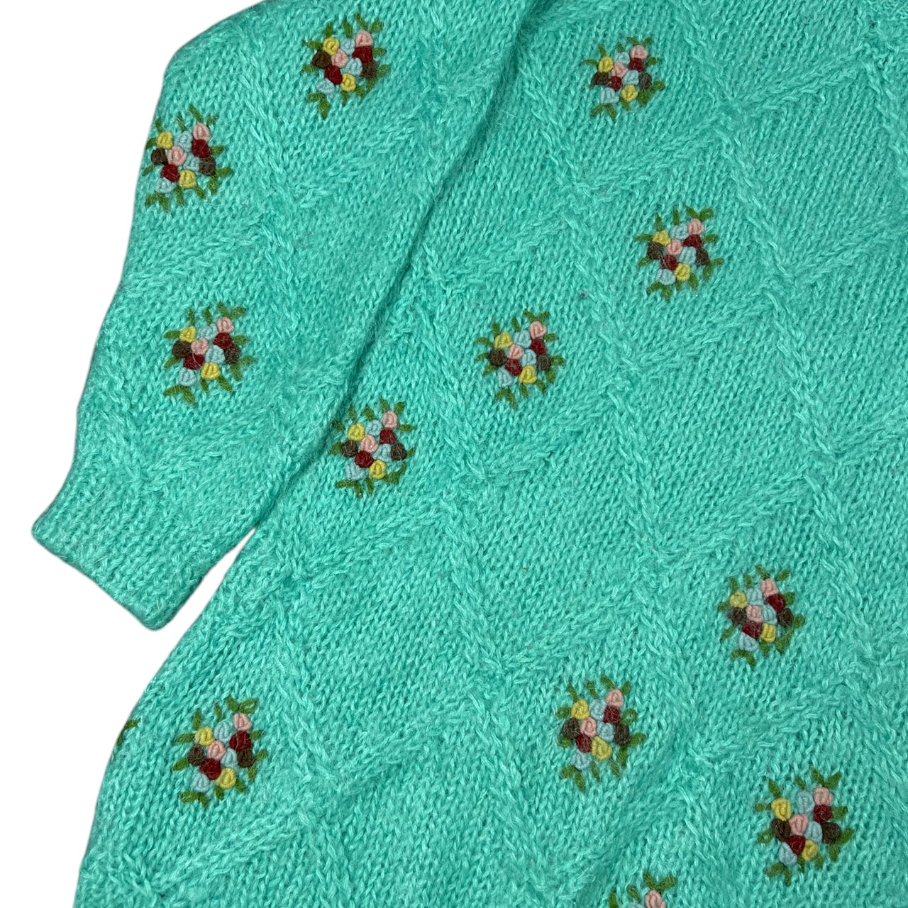 Vintage 90s Chelsea Young Wool Mohair Floral Embroidered Sweater Aqua Blue Women’s Med