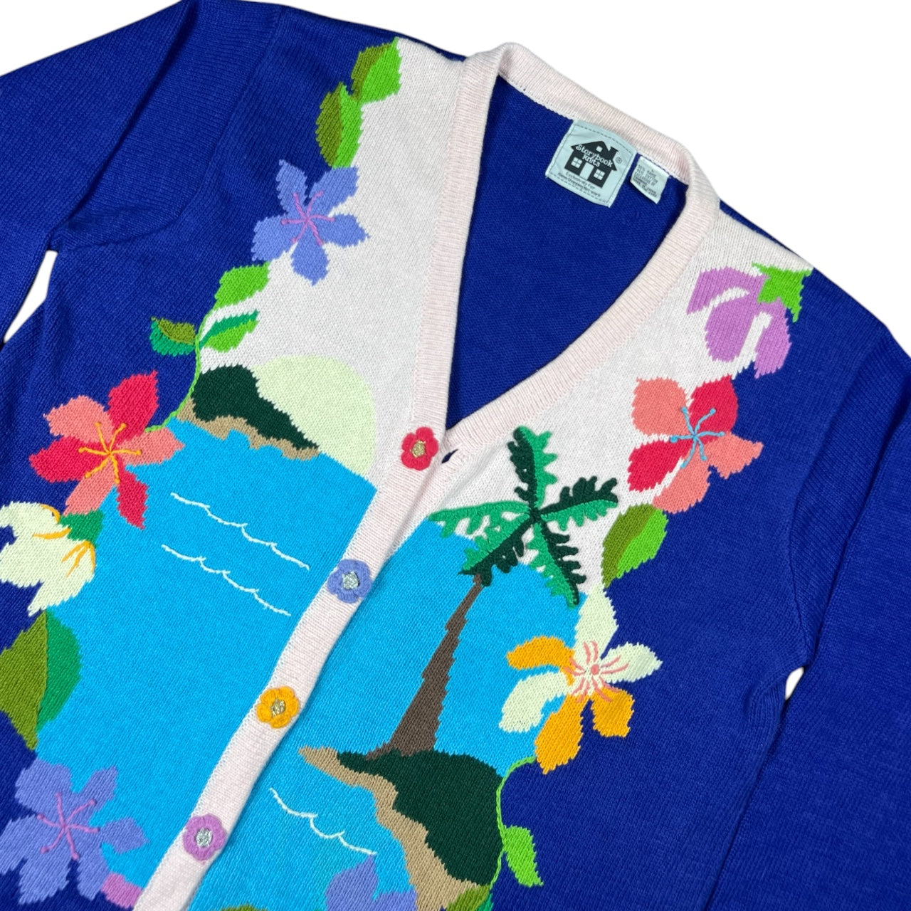 Vintage Storybook Knits Tropical Floral Grandma Cardigan Embroidered Ugly Sweater Women’s Large