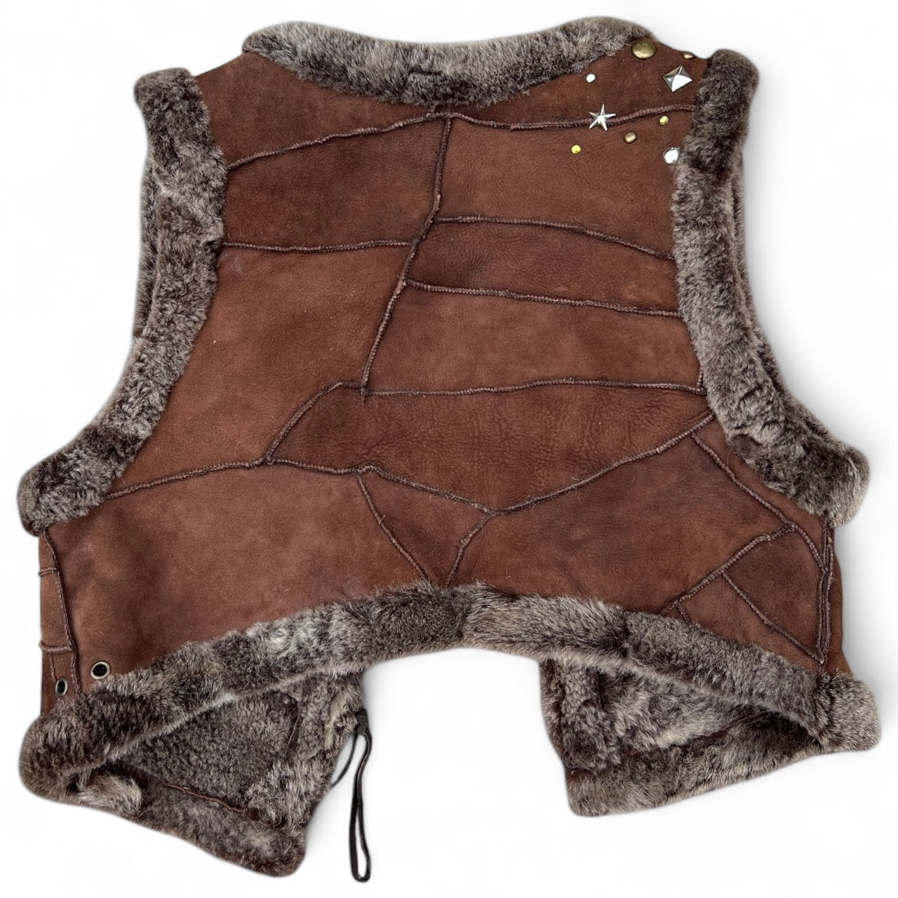 Y2K Betsy Johnson Brown Sheepskin Patchwork Studded Vest Women’s S/M
