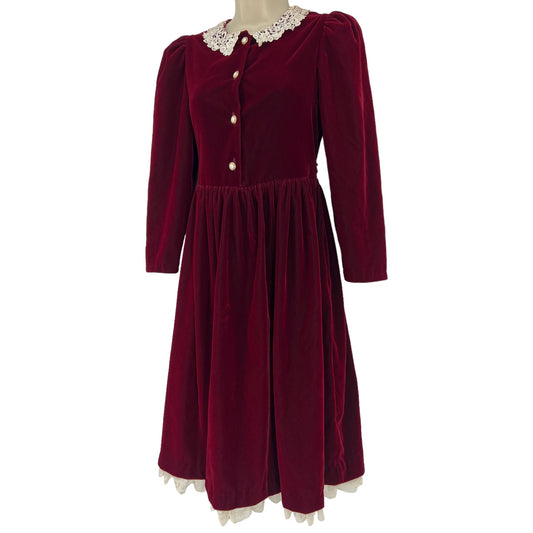 Vintage You Babes Burgundy Midi Doll Collar Dress Longsleeve White Lace Trim Sz 12