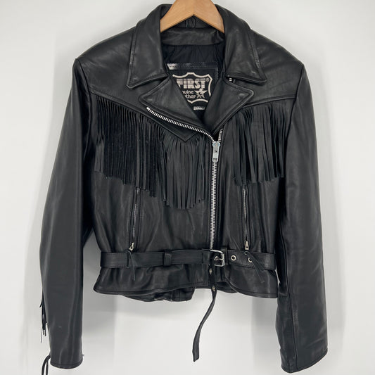 Vintage 80s 90s First Genuine Leather Black Leather Fringe Biker Jacket Women’s 16
