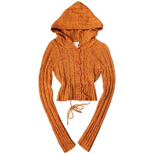 90s Y2K Charlotte Russe Burnt Orange Cropped Cable Knit Cardigan Hooded Women’s Small Acrylic Wool Blend