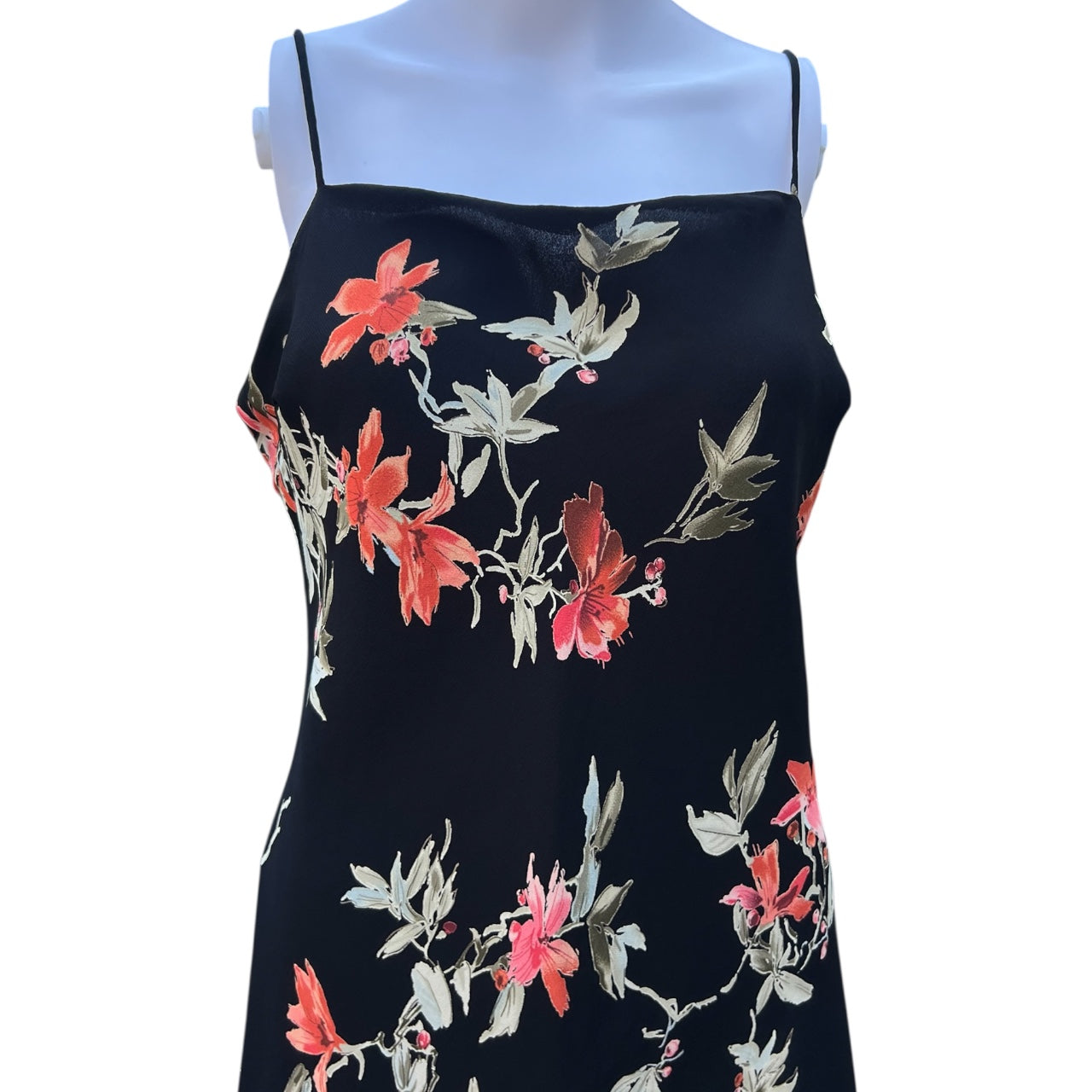 90s Y2K Lily Black Floral Chiffon Midi Dress Handkerchief Hem Women’s Large Made in USA