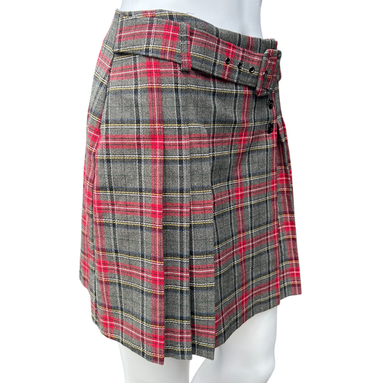 90s 579 Gray Plaid Pleated Mini Skirt Belted Women’s 7 Made in USA