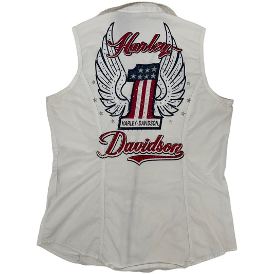 Harley Davidson Pearl Snap White Rhinestone American Flag Distressed Biker Vest Women’s Small