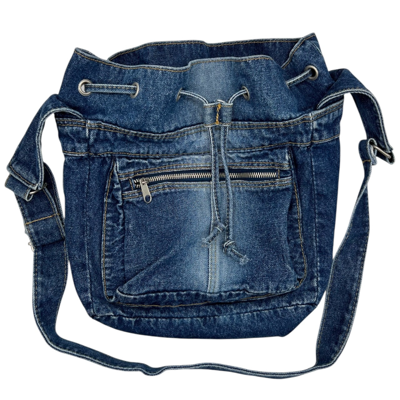 Y2K Denim Crossbody Bucket Drawstring Bag Faded Blue Denim