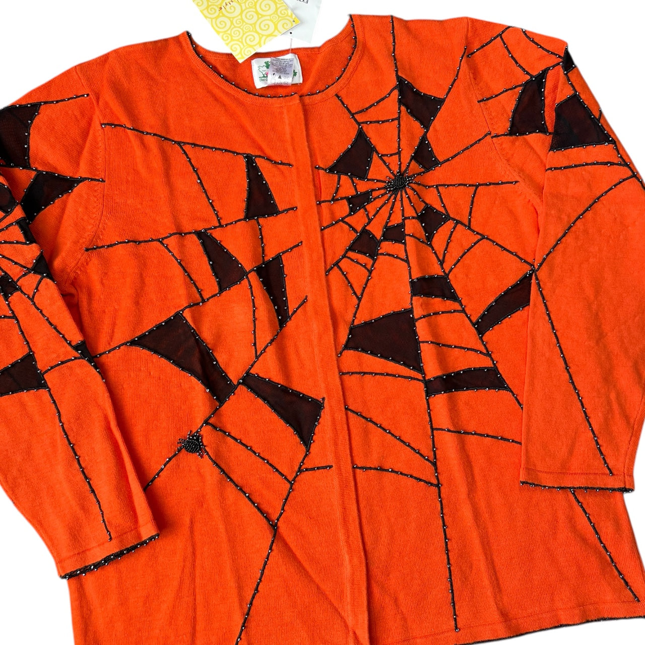 NWT Vintage The Quacker Factory Orange Beaded Spiderweb Ugly Sweater Cardigan Women’s Large Mesh