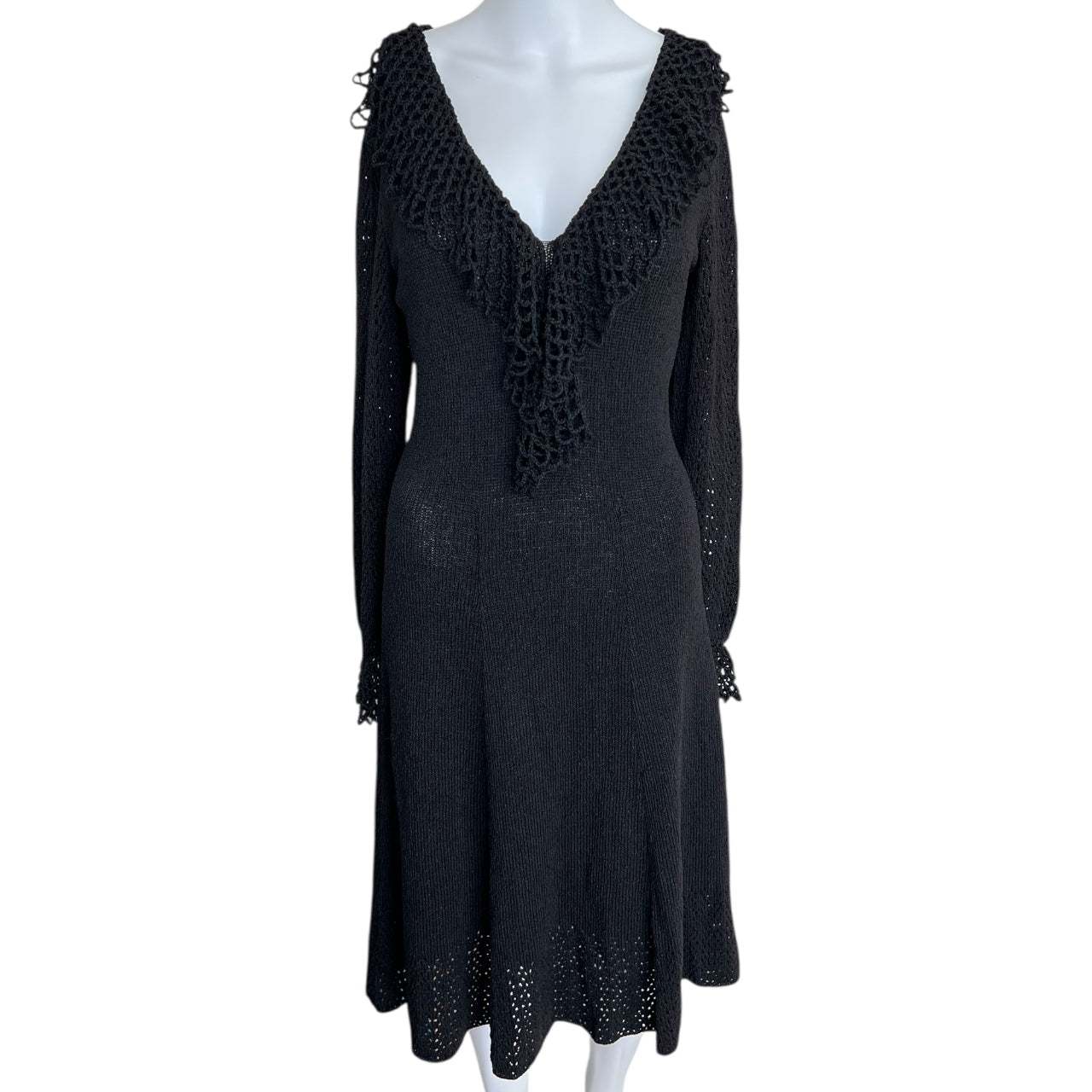 Vintage Gianna Knits Black Crochet Dress Ruffles Women’s Large Talon Zipper
