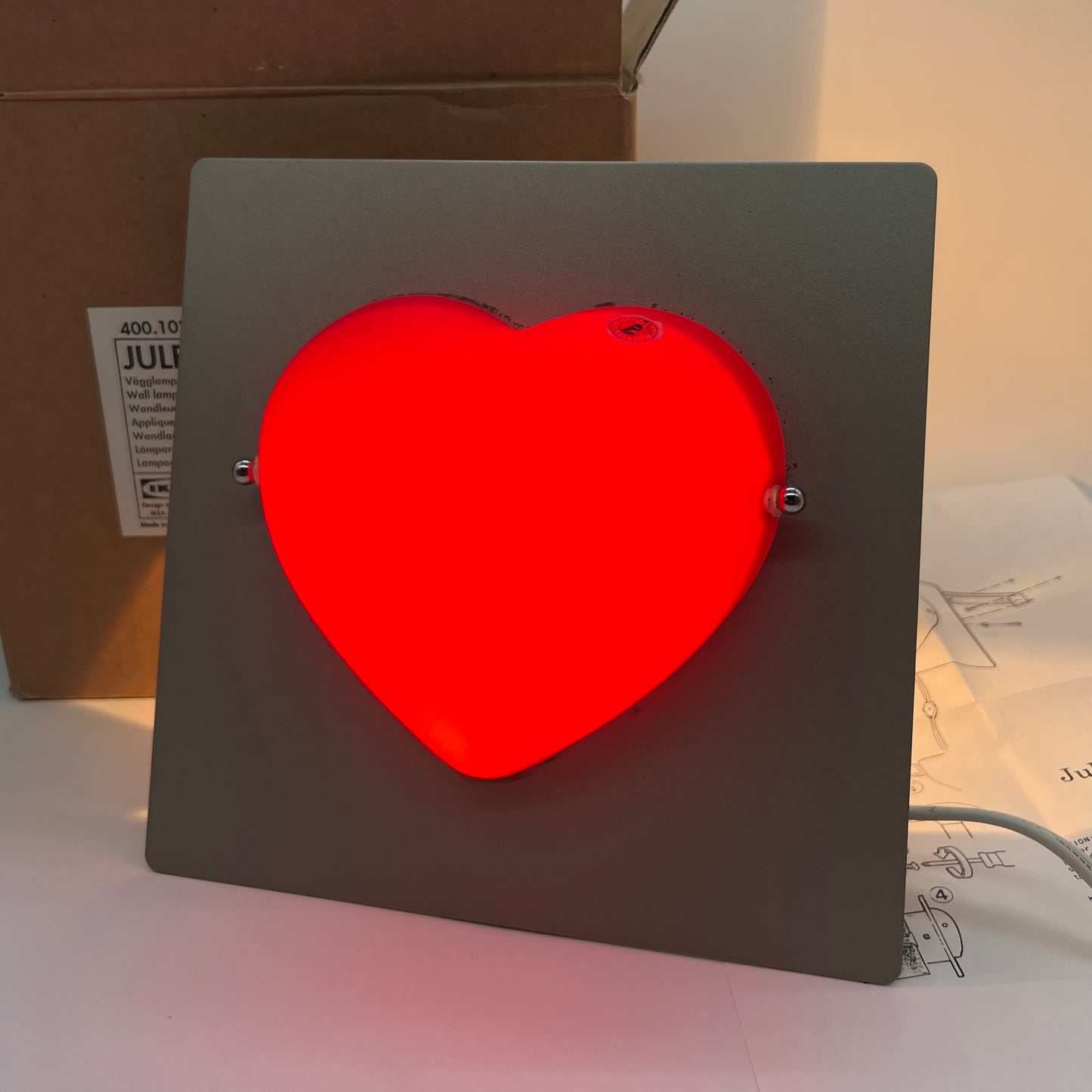 Vintage 1995 IKEA Julen Red Heart Wall Lamp Metal Plate