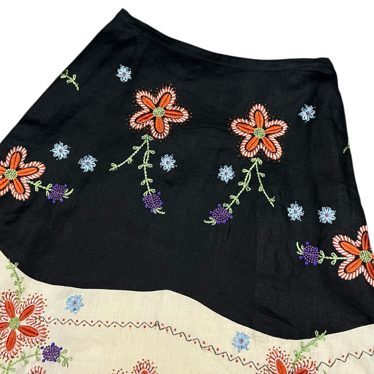 90s Autograph Boho Beaded Floral Embroidered Midi Skirt Women’s 6 100% Linen