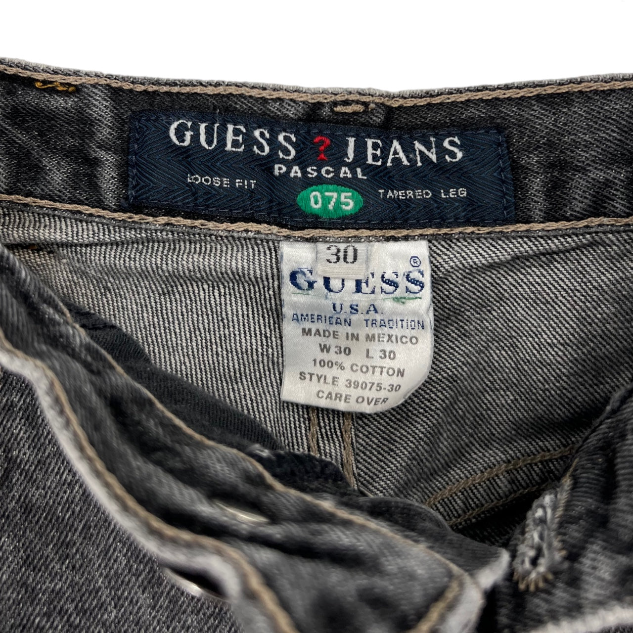 Vintage 90s Guess 075 Pascal Jeans Distressed Gray Denim Loose Fit Tapered Legs W30 L30