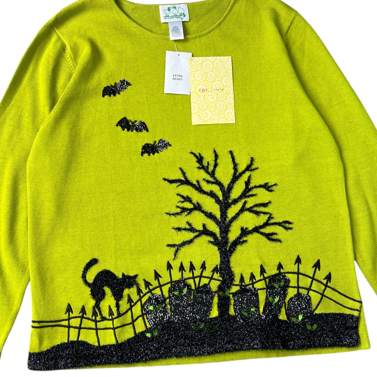 NWT Vintage Quacker Factory Lime Green Ugly Halloween Sweater Black Cat Graveyard Glitter Sequin Women’s Large