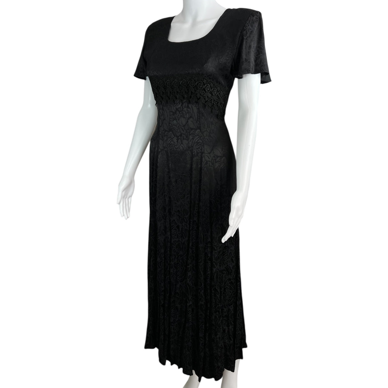 80s 90s Jody California Black Satin Jacquard Maxi Dress Criss Cross Corset Back Women’s 5 Goth Made in USA