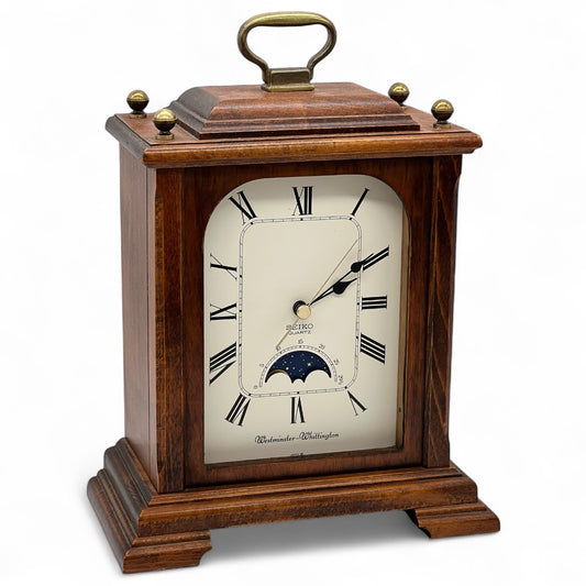 Seiko Westminster Whittington Mantle Clock Moon Phase Brass Handle