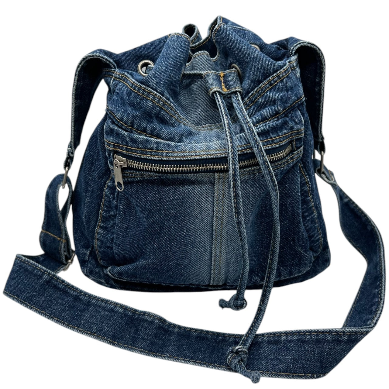 Y2K Denim Crossbody Bucket Drawstring Bag Faded Blue Denim