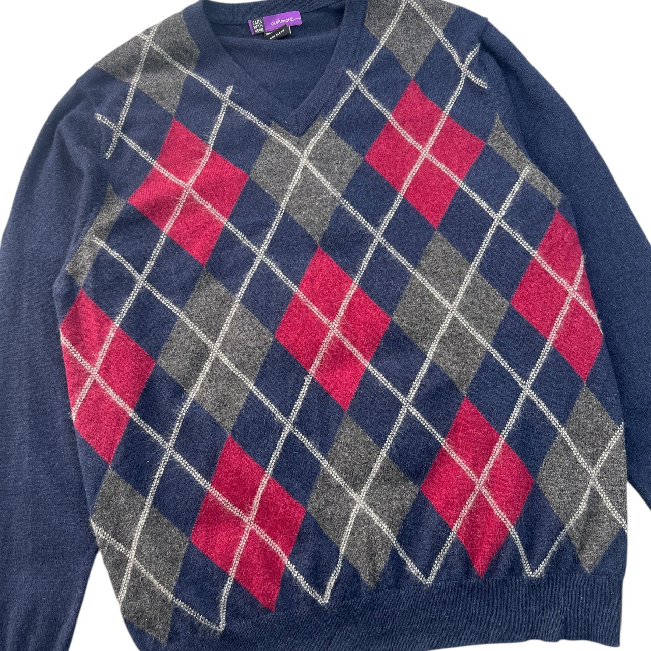Saks Fifth Avenue Cashmere Sweater Men’s M Navy Blue Red Argyle V Neck