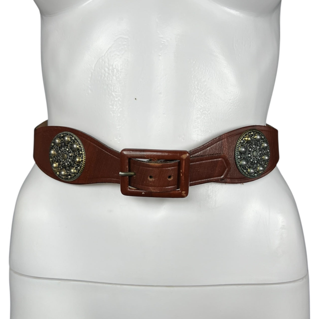 Vintage Garay Brown Genuine Leather High Waist Concho Medallion Belt Women’s Size 28