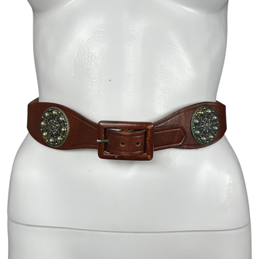 Vintage Garay Brown Genuine Leather High Waist Concho Medallion Belt Women’s Size 28