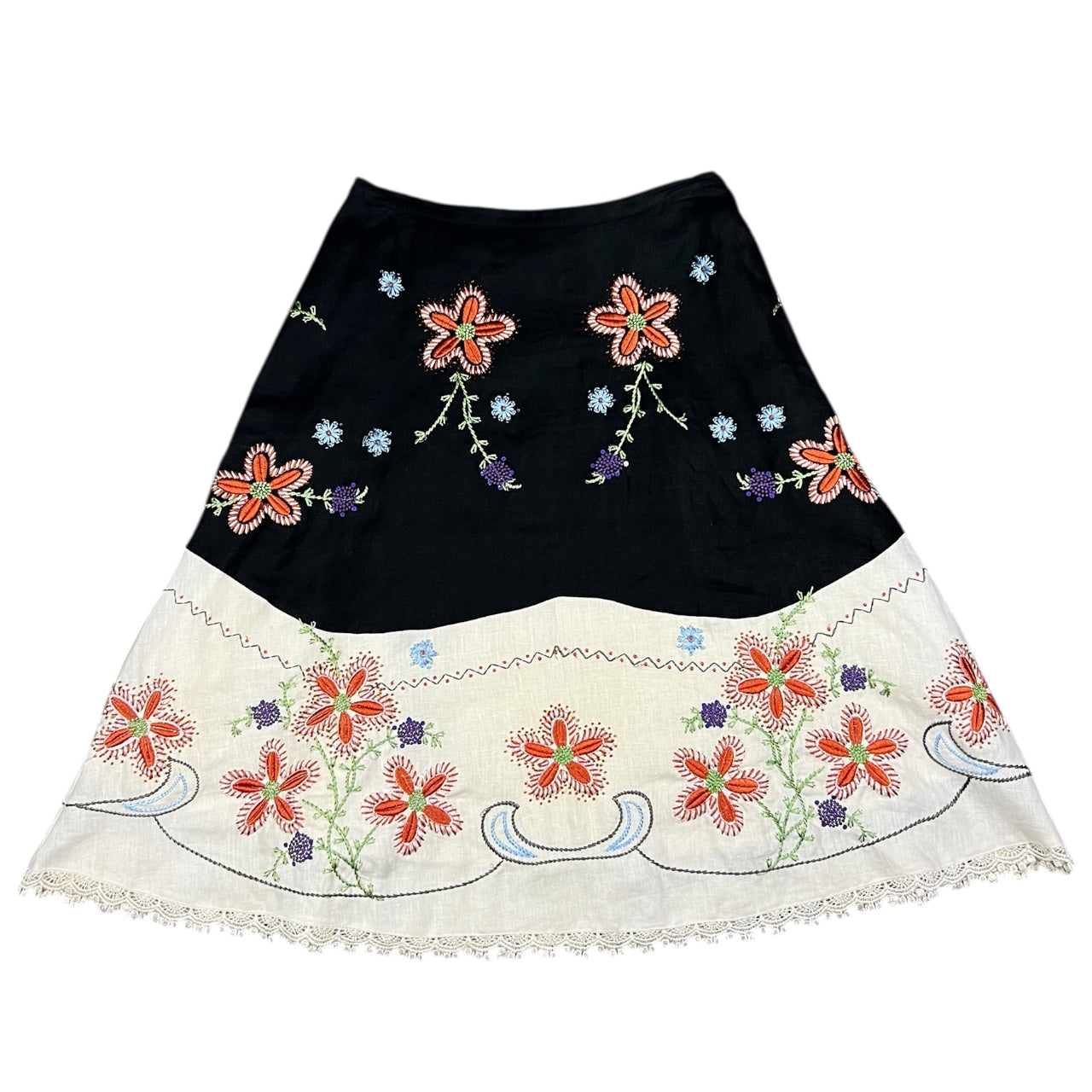 90s Autograph Boho Beaded Floral Embroidered Midi Skirt Women’s 6 100% Linen