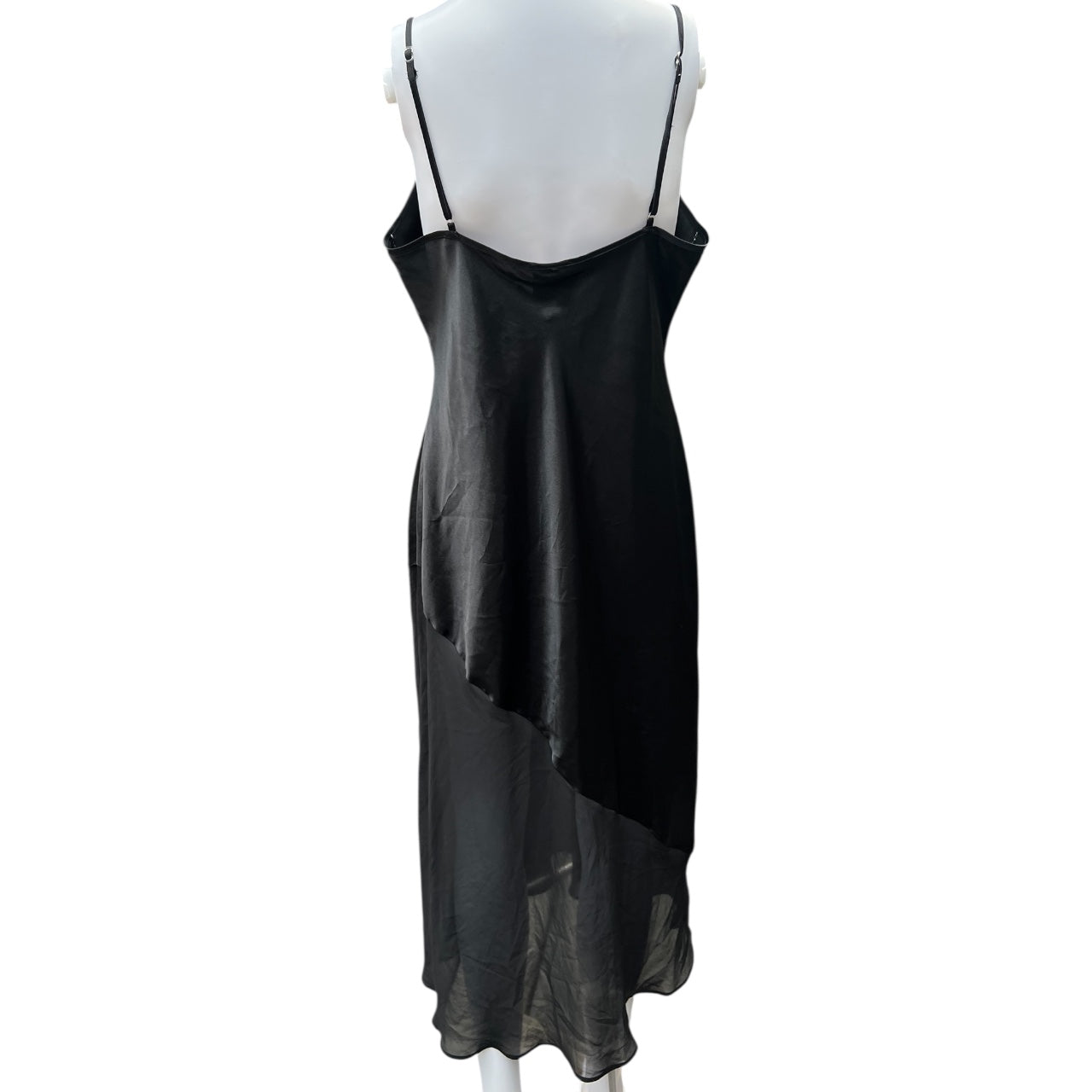 90s Massini Black Satin Asymmestrical Slip Dress Embroidered Sequin Floral Design Sheer Chiffon Trim Women’s Med