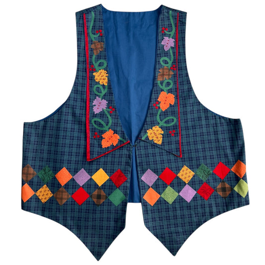 90s Autumn Harvest Novelty Vest Checkered Plaid One Size Pumpkin Cattail