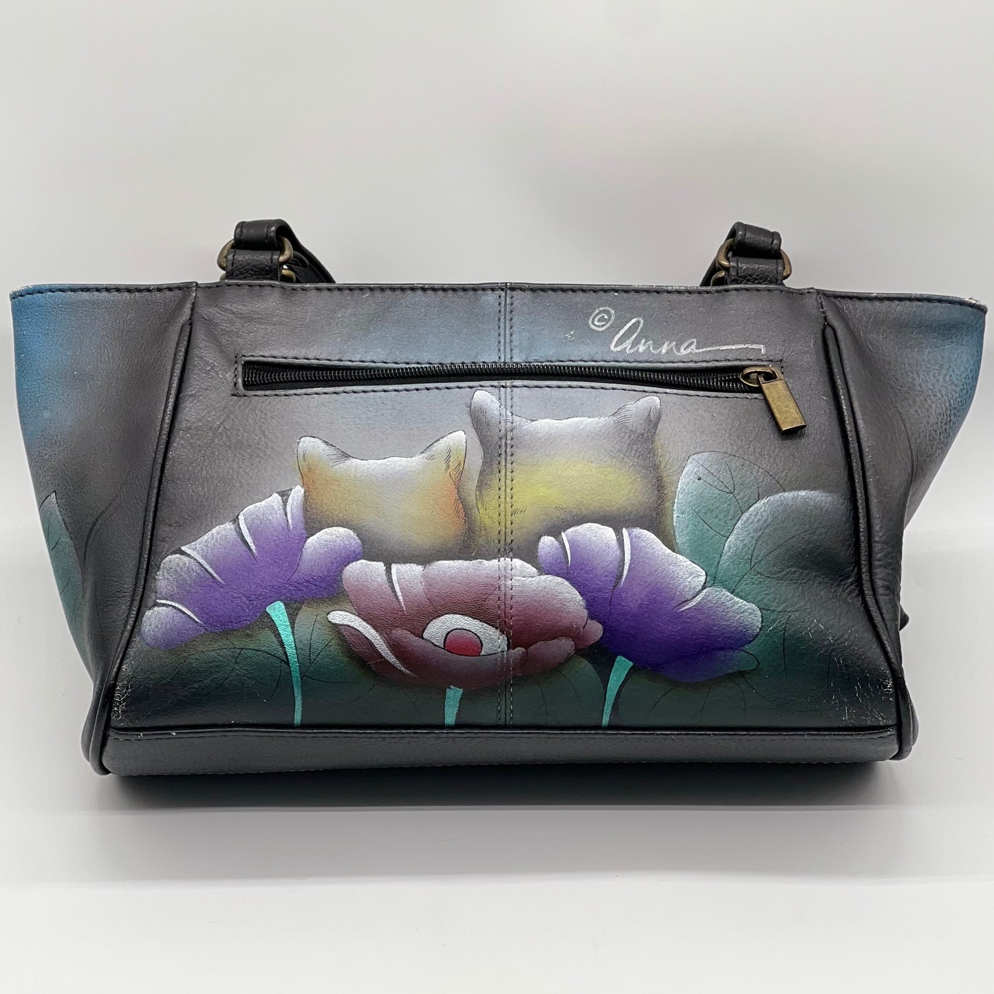 Anna by Anuschka Hand Painted Floral Cat Pebbled Leather Shoulder Tote