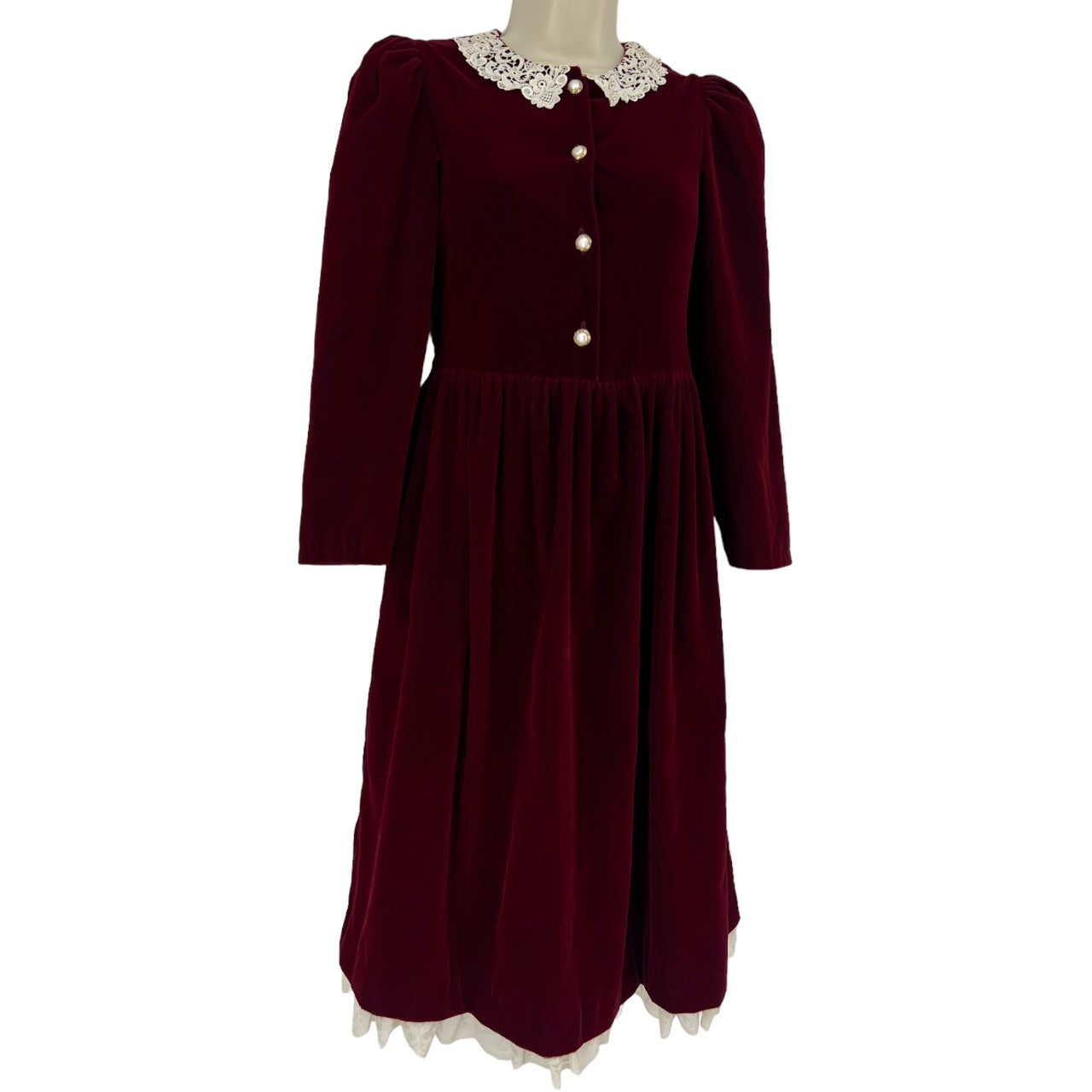 Vintage You Babes Burgundy Midi Doll Collar Dress Longsleeve White Lace Trim Sz 12