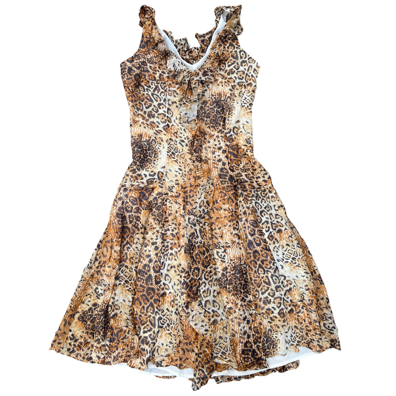 90s Y2K Bloomingdale’s Silk Blend Leopard Print Midi Dress Ruffle Women’s 6